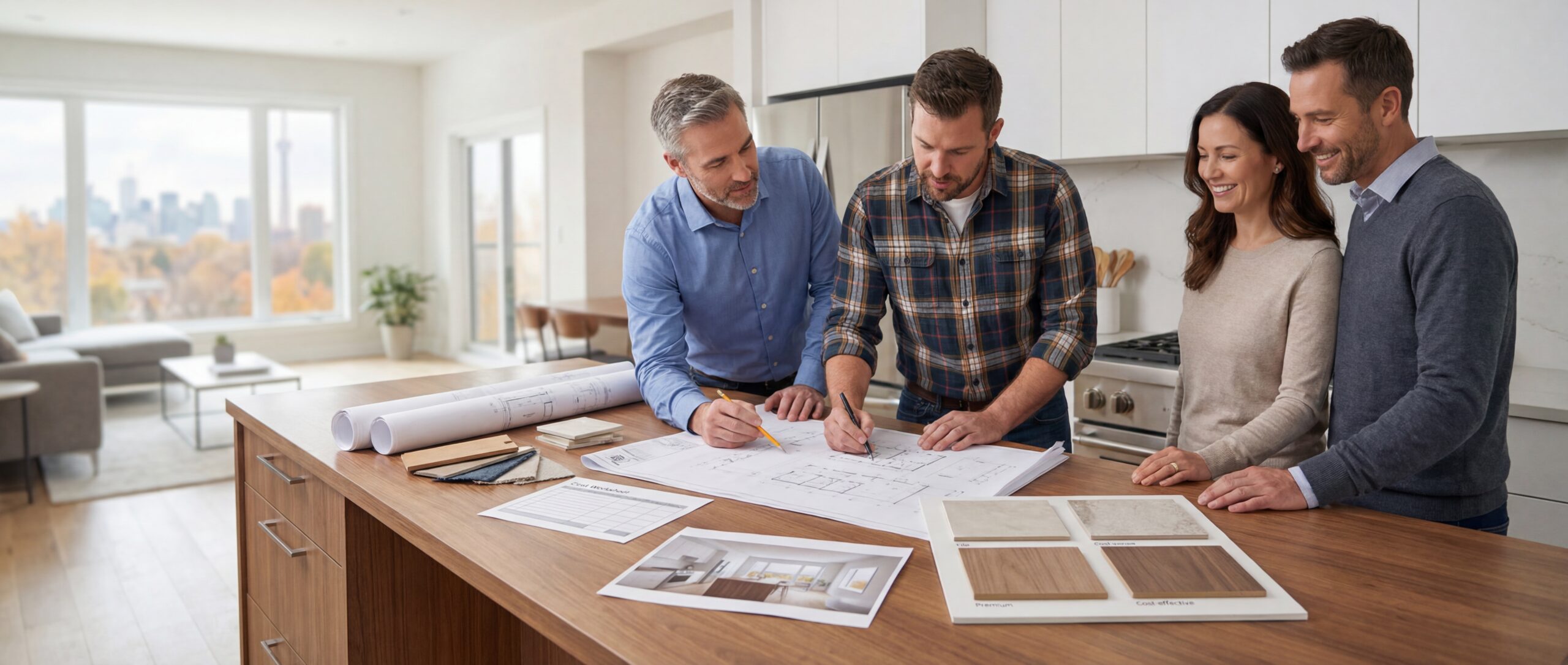 Builder and architect collaborate with homeowners on renovation plans in Toronto, reviewing costs and material options.