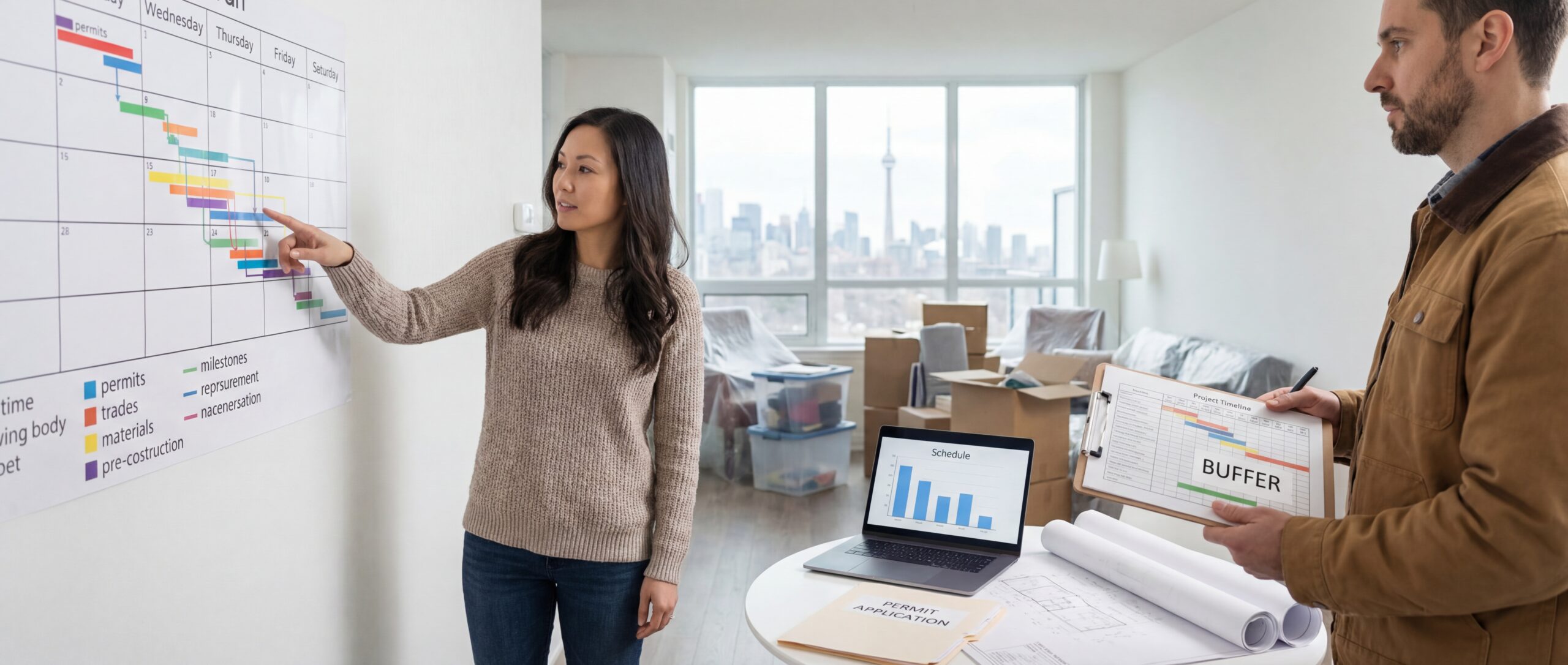 Builder and homeowner plan pre-construction steps using a calendar, drawings, and permit paperwork before renovation begins.