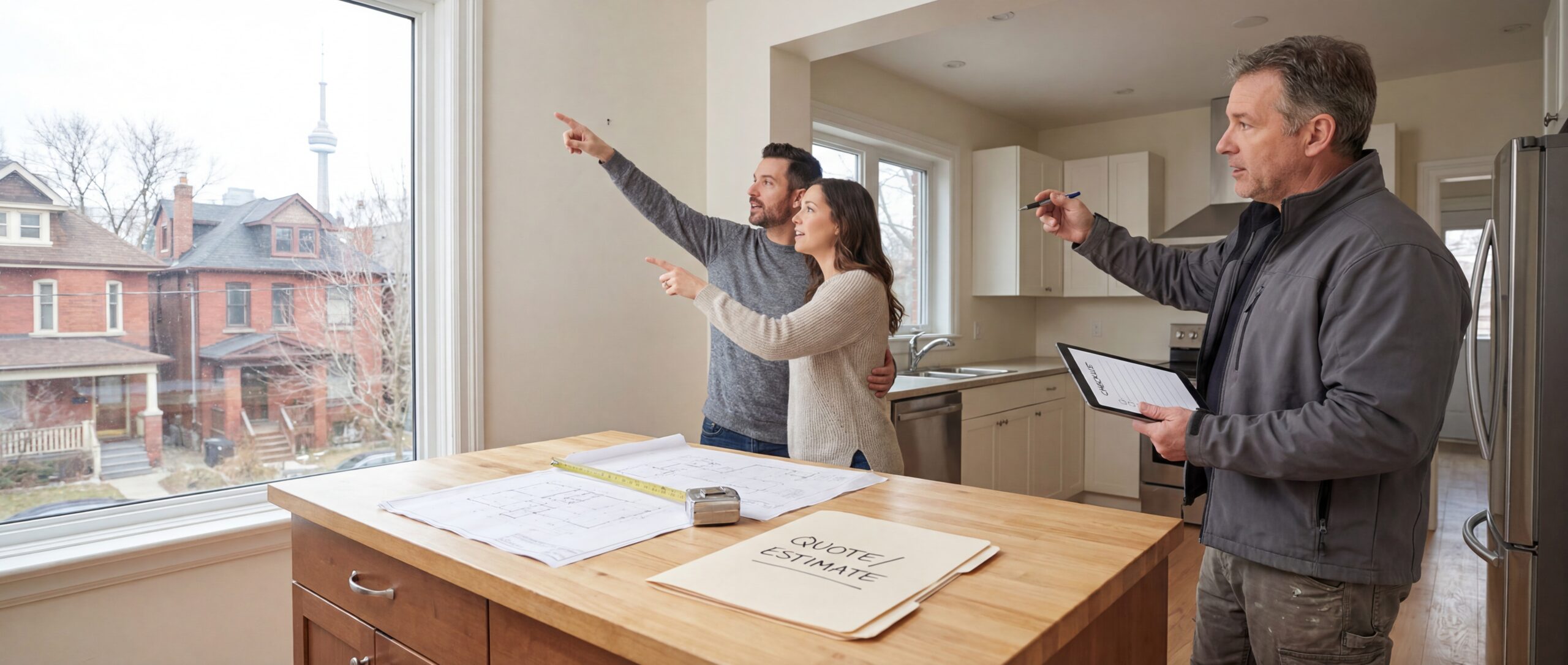Builder conducts an in-home renovation budget consultation with Toronto homeowners, reviewing floor plans and estimating costs.