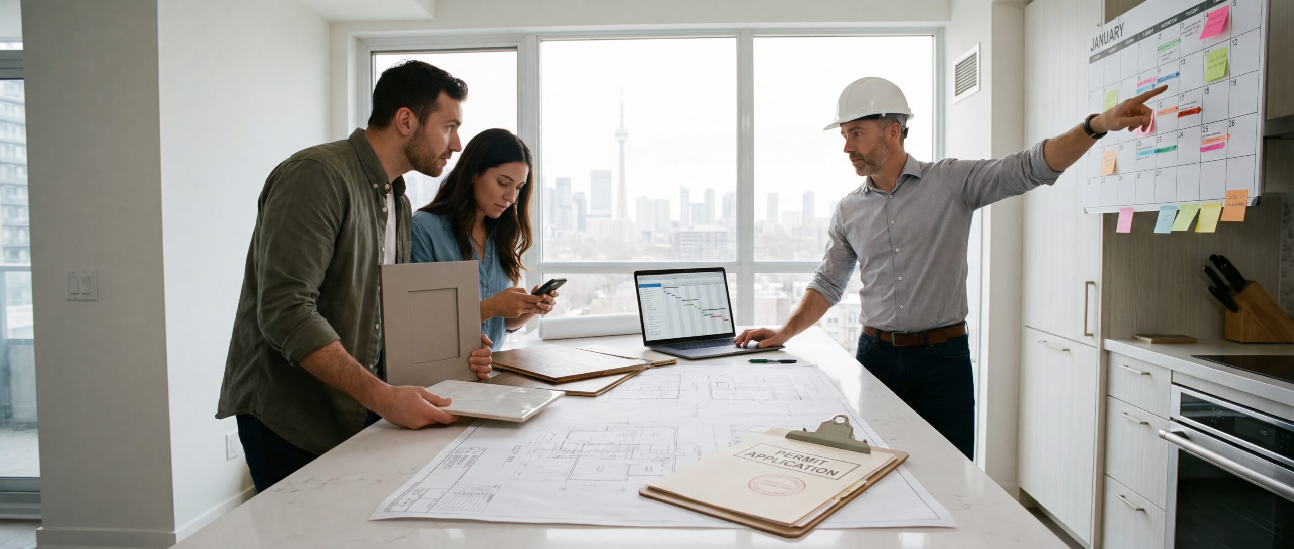 Homeowners meet with a builder in Toronto to review renovation drawings, permits, and a project schedule with material samples