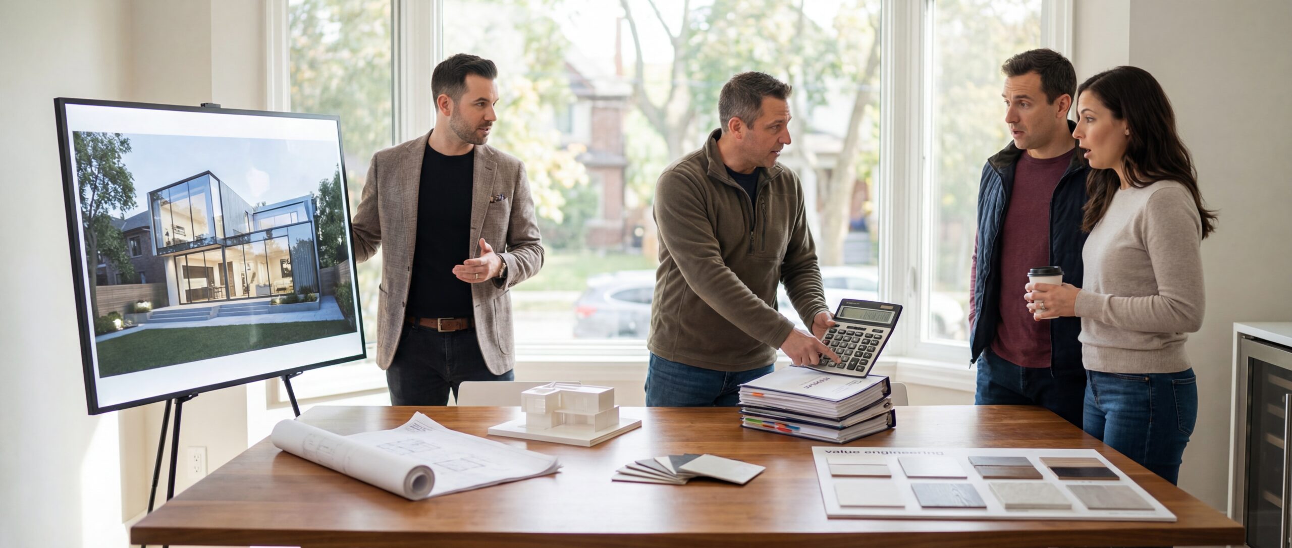 Architect presents a renovation design while a builder reviews higher cost estimates with homeowners in a Toronto planning meeting